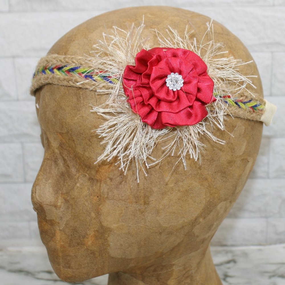 HAND CRAFTED Girls Headband Floral Braided Colorful Boho Red Rose Hair Accessory